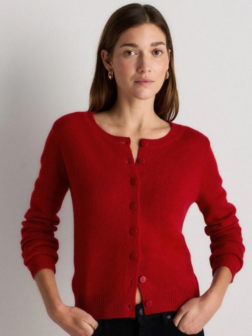 Quince Women Mongolian Cashmere Cropped Crew Cardigan Red Soft Luxury